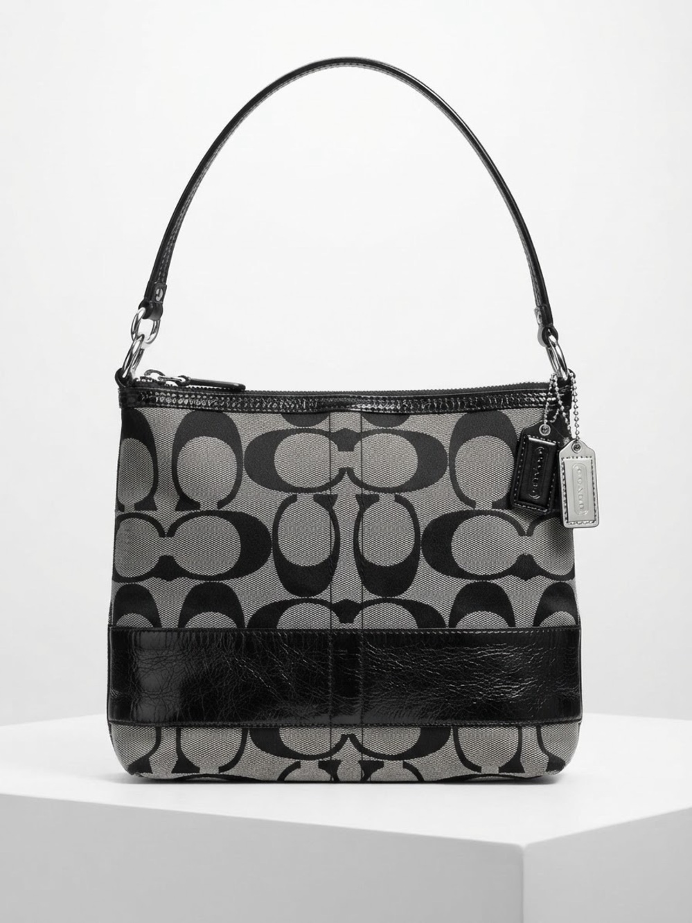 Coach Black and Gray Signature Jacquard Shoulder Bag